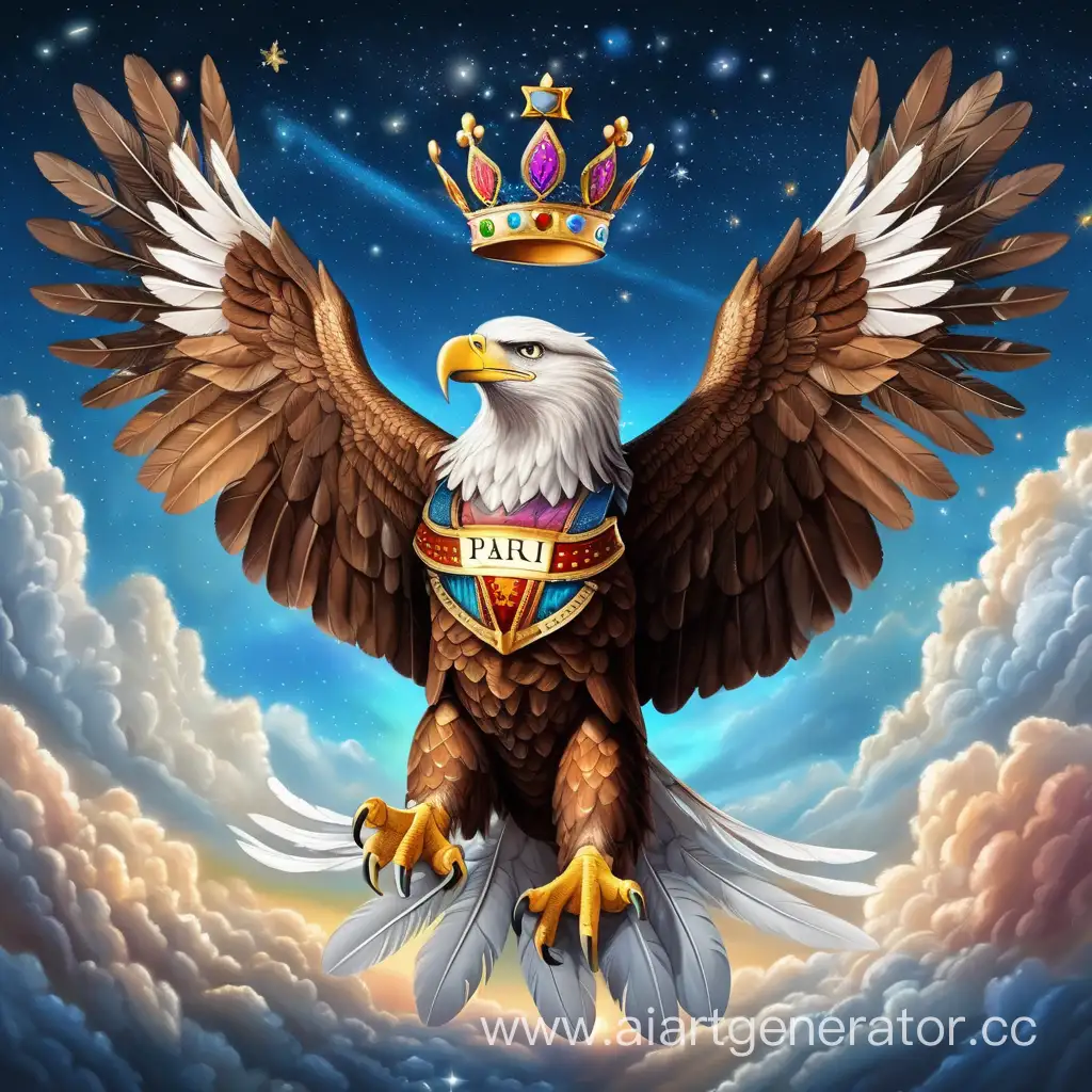 шикарный орёл с цветными перьями на крыльях, с надписью PARI и роскошной короной на голове в воздушном пространстве со звёздами и облаками