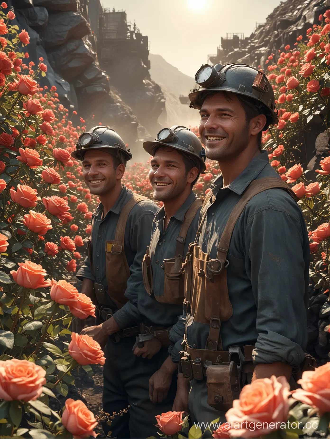 Сгенерируй реалистичное изображение, на котором изображены шахтёры на угольном разрезе. Весь разрез зарос розами, светит солнце. Шахтеры улыбаются. Изображение должно быть в высоком разрешении.