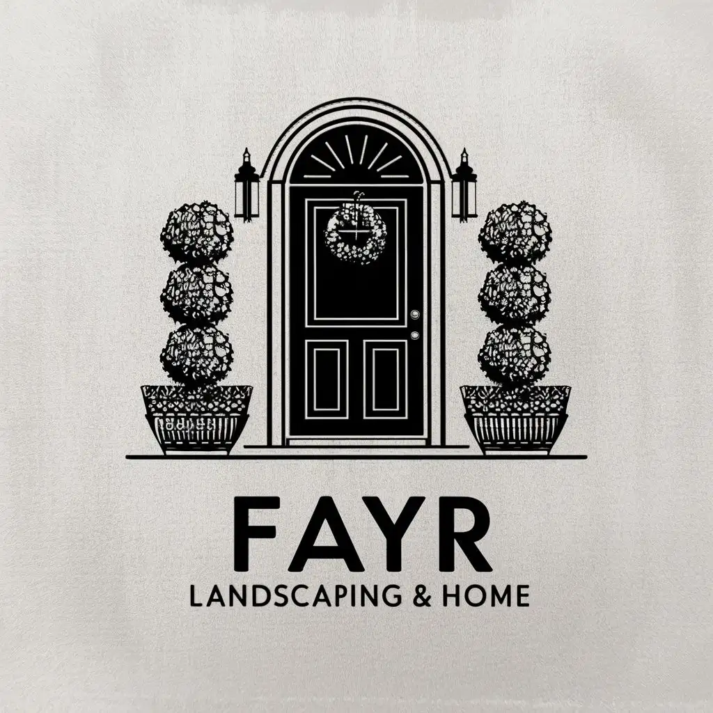 logo, american front door with topiaries on either side black and white line drawing very simple etching in the style of elizabath arden logo, with the text "Fayr Landscaping & Home", typography