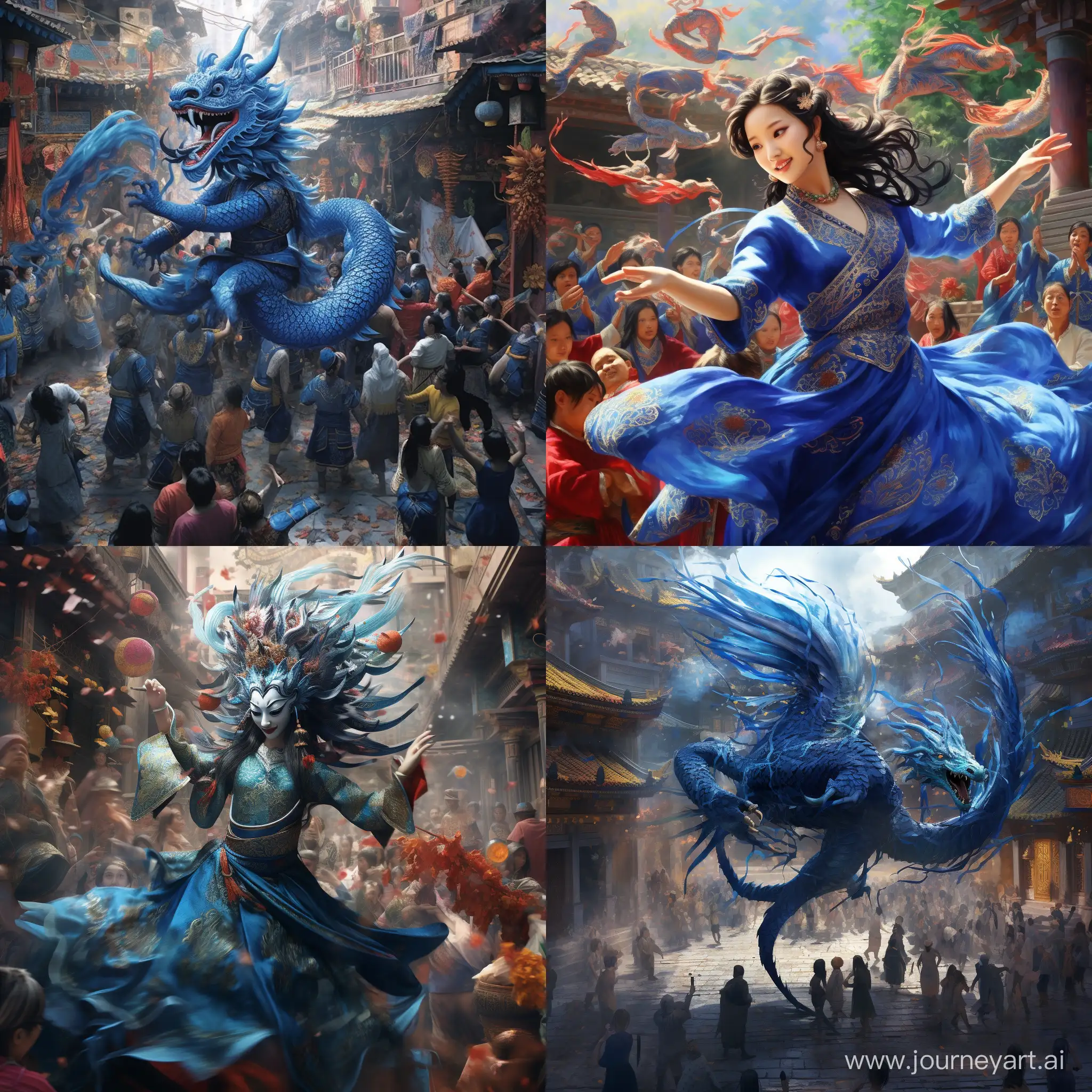 dance of the behir, a festival similar to chinese new year featuring a blue dancing dragon in a high-fantasy festival
