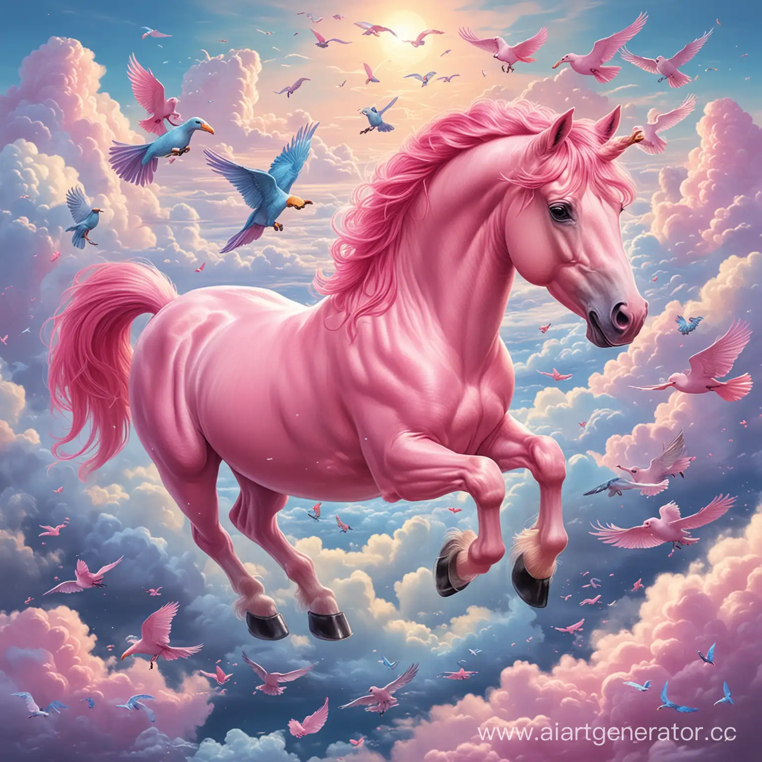 Dreamy-Pink-Pony-Floating-Among-Majestic-Birds-in-Clouds