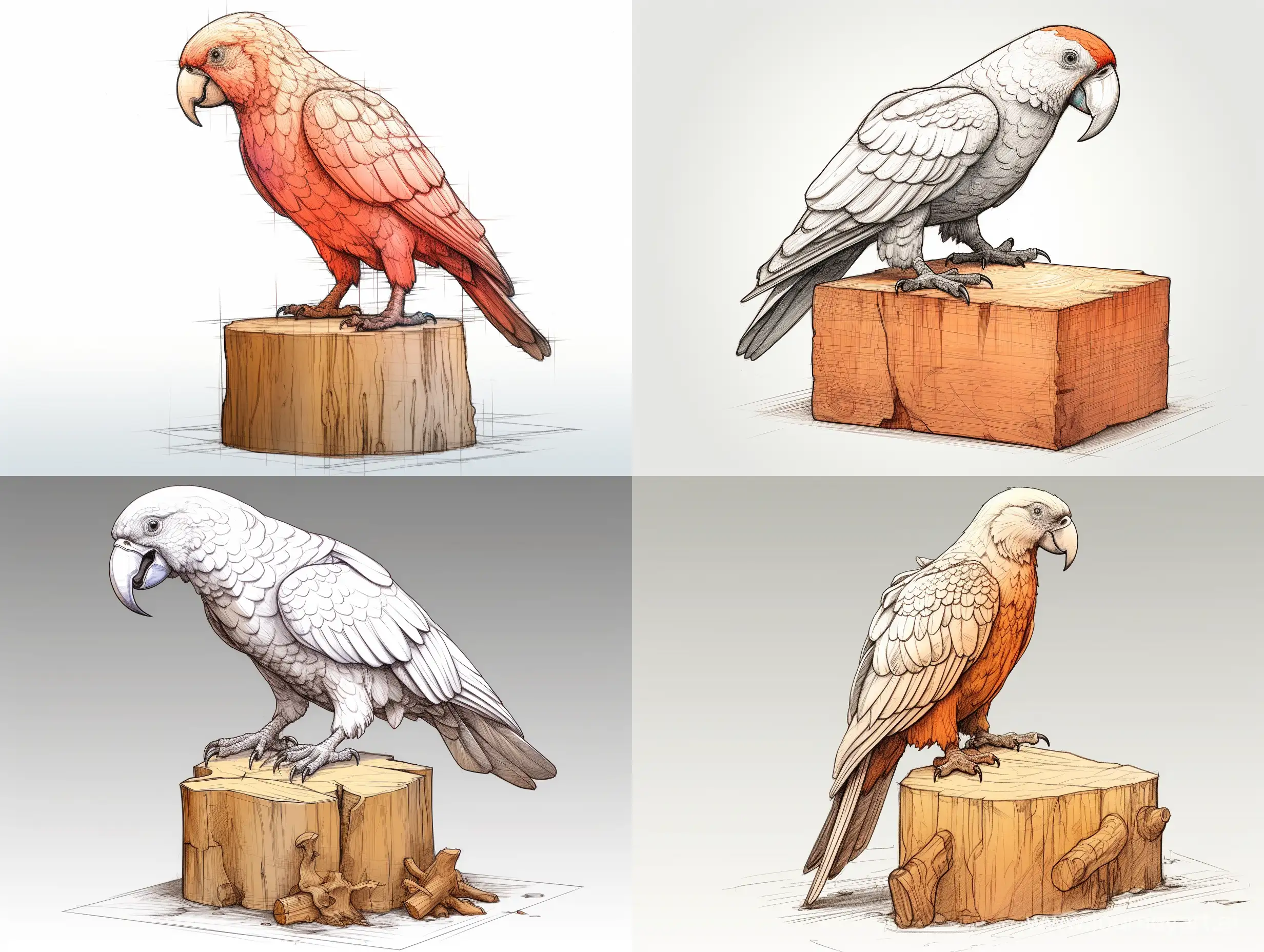 Professional sketch for wooden sculpture, a full-length parrot standing in profile on a large wooden cube, professional dynamic character, wood carving, ready for battle 3d, white background, 8k Render, ultra realistic