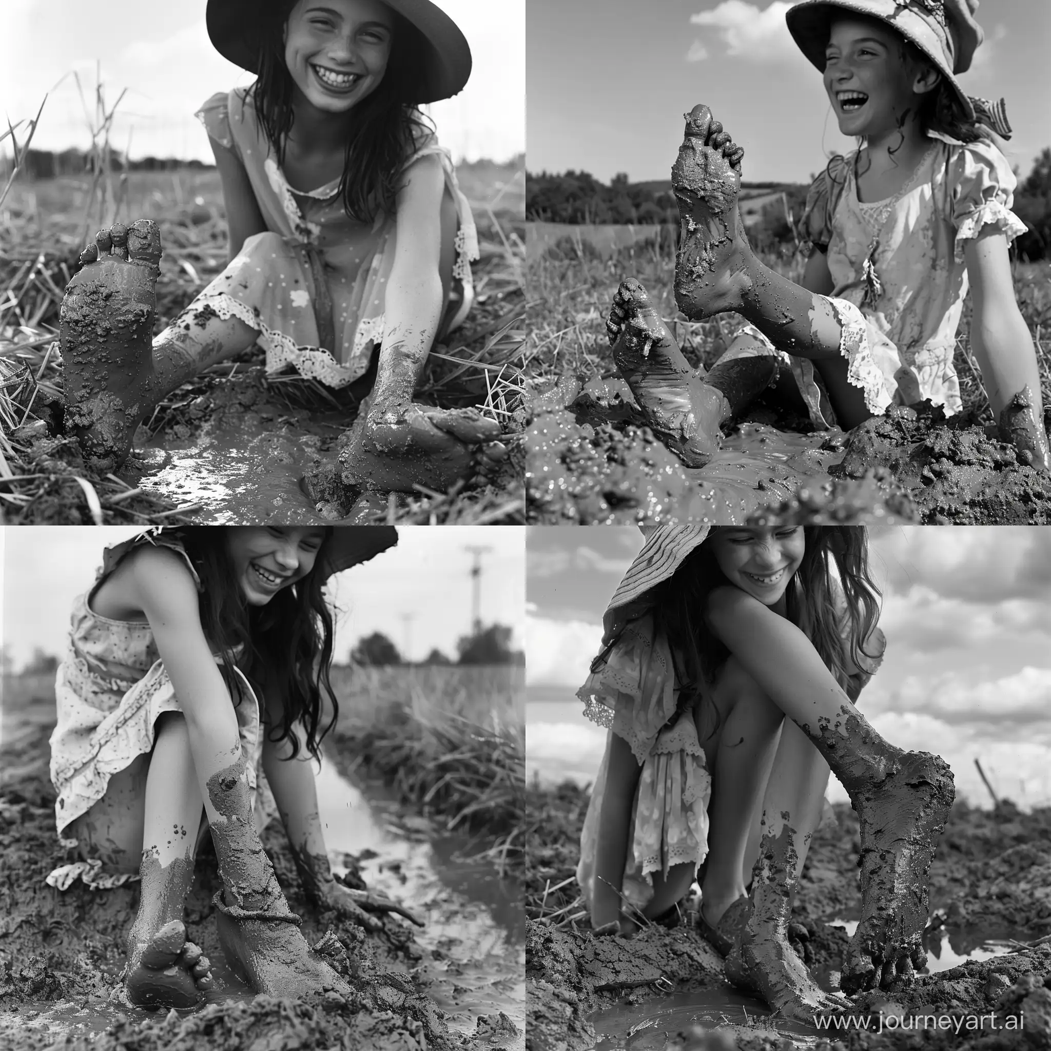 Девушка в платьице и шляпке погружает свои ноги (ступни) в грязь. Девушка смущённо смеётся. Ступни, покрытые грязью, крупным планом
