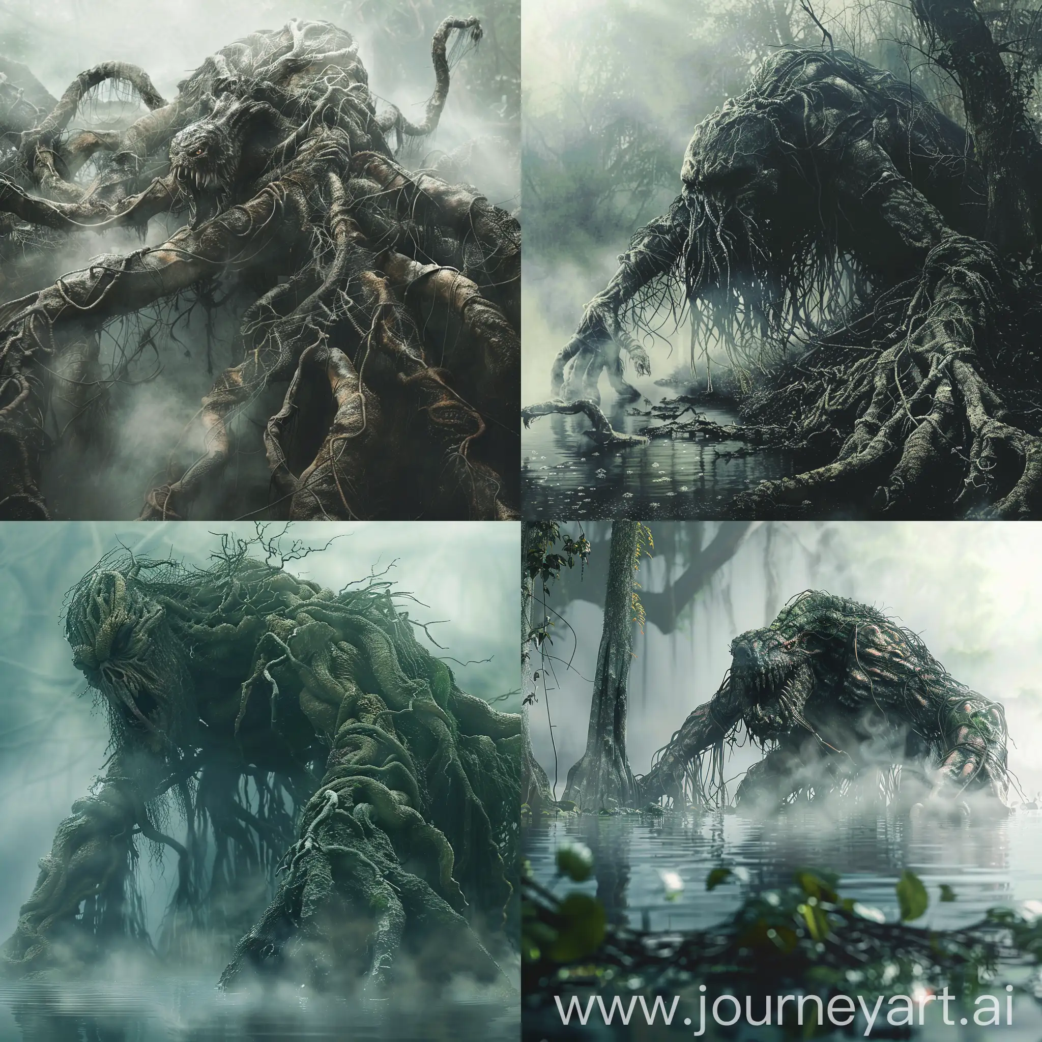 a giant swamp demon crawling out, mist, detailed, intricate roots, horror, wide shot



