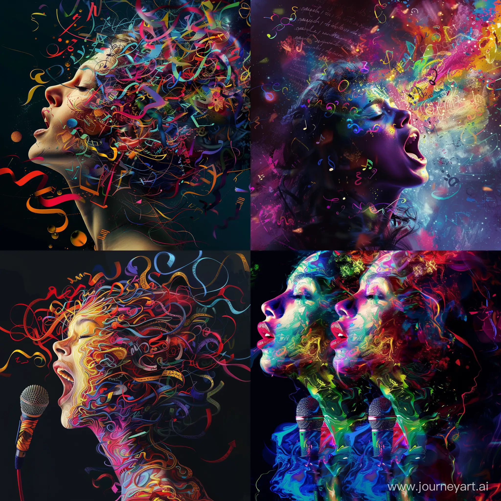 vividly colored photorealistic image of female creativity expressed through words, song and sound