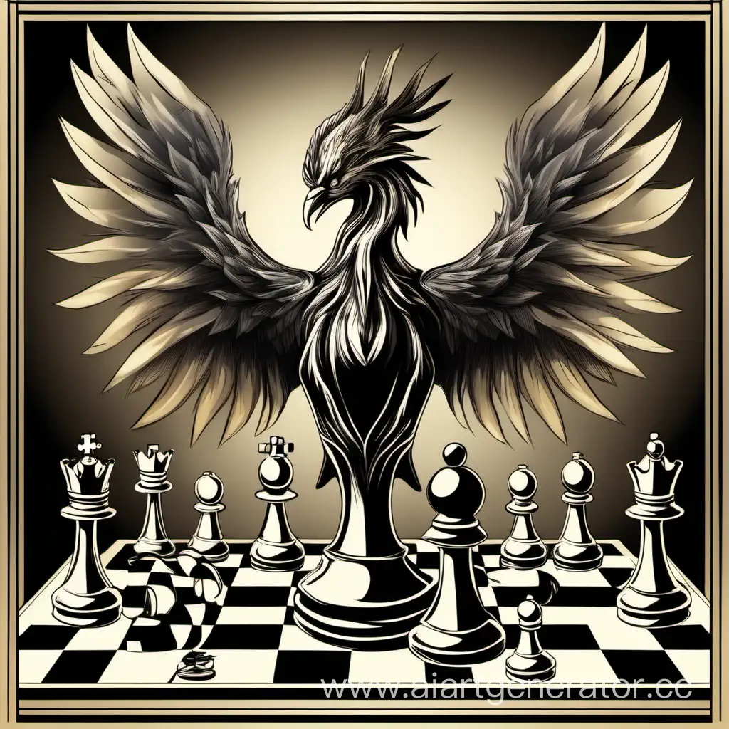 Птица феникс, которая превращается в  шахматные фигуры: ферзя, ладью, слона, коня, на фоне шахматной доски