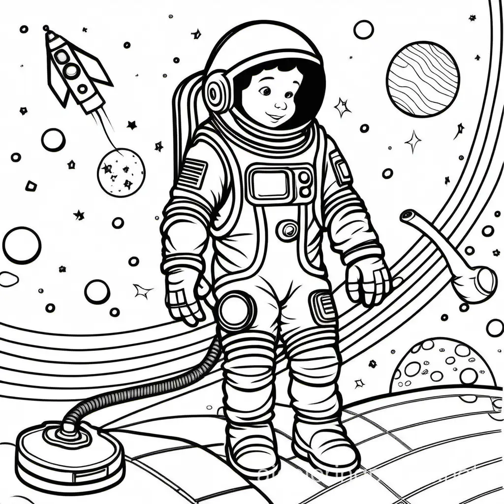 astronauta y among y aspiradora
, Coloring Page, black and white, line art, white background, Simplicity, Ample White Space. The background of the coloring page is plain white to make it easy for young children to color within the lines. The outlines of all the subjects are easy to distinguish, making it simple for kids to color without too much difficulty