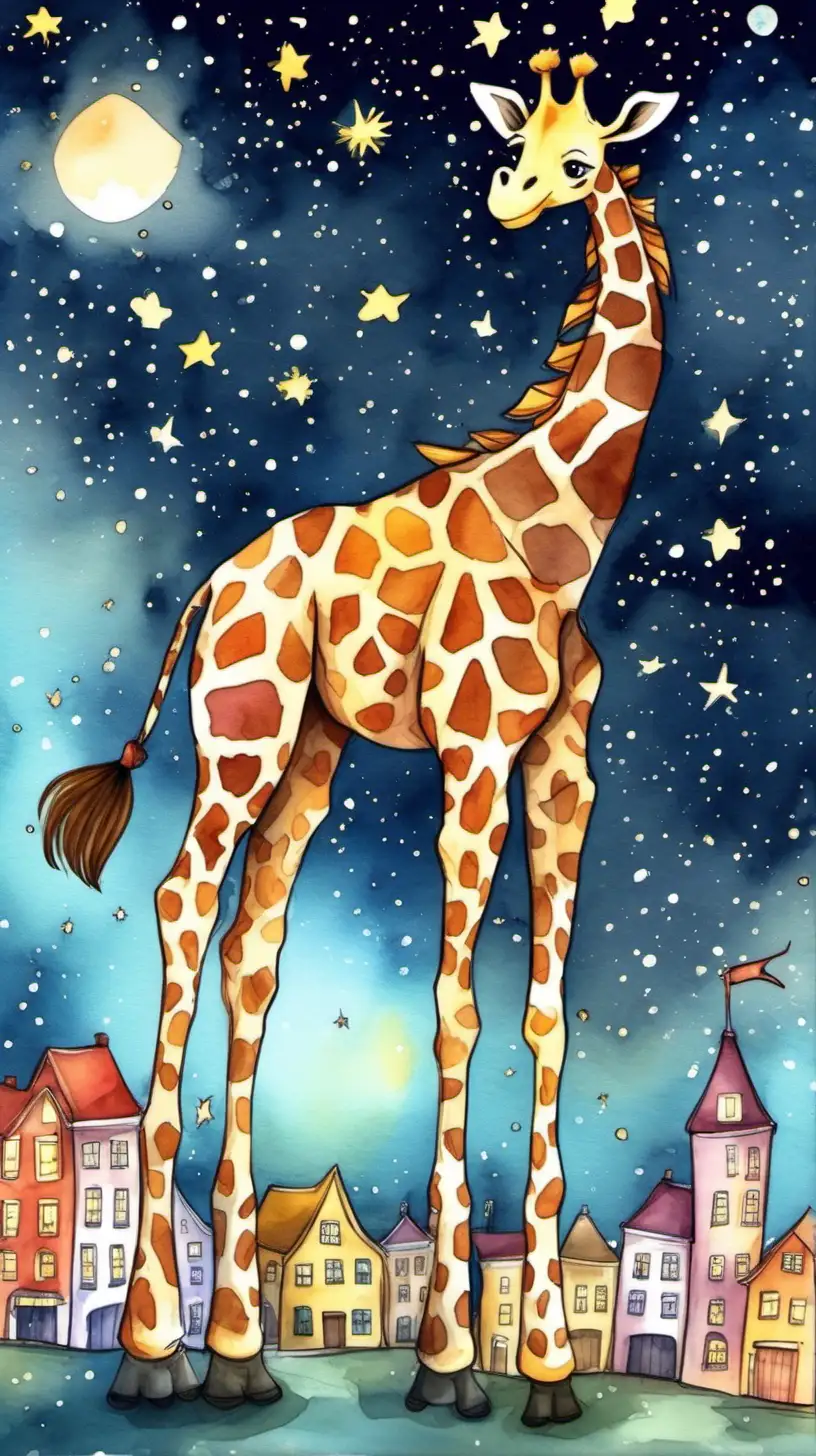 Whimsical Night Flight Stella the Giant Giraffe Soaring Among Stars