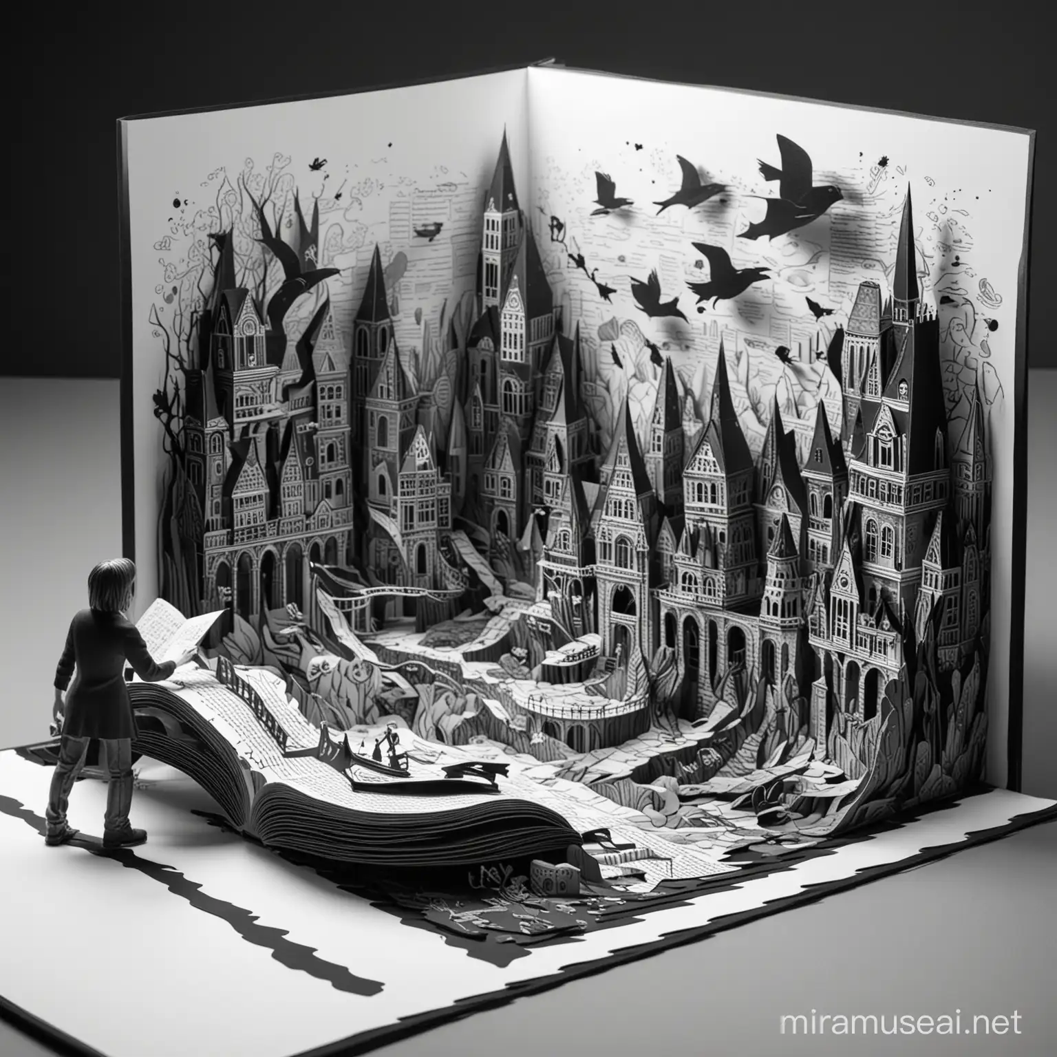 an artist creating a Pop Up Book 3D, black and white