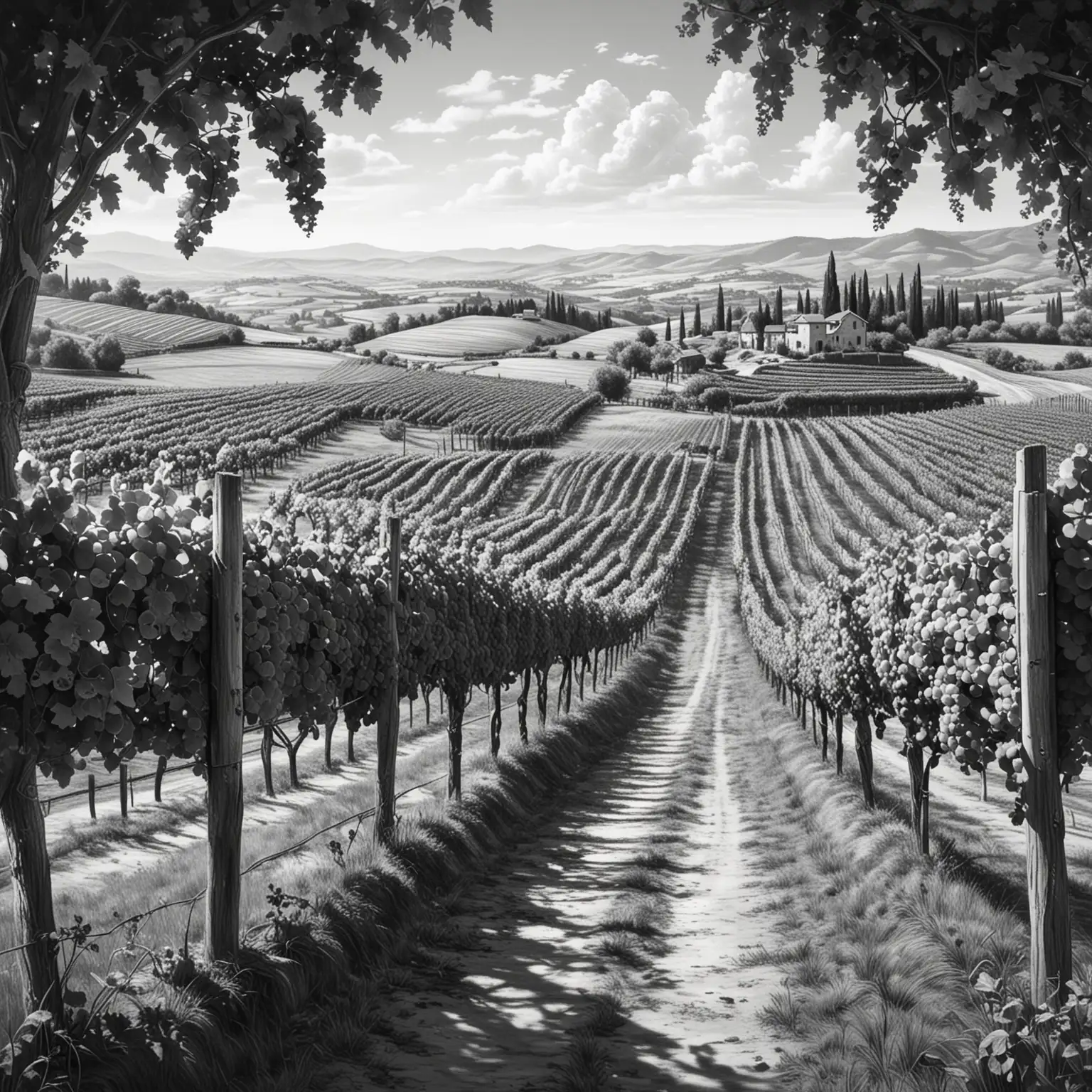 Vineyard Sketch Tranquil Landscape in Monochrome Pencil Drawing