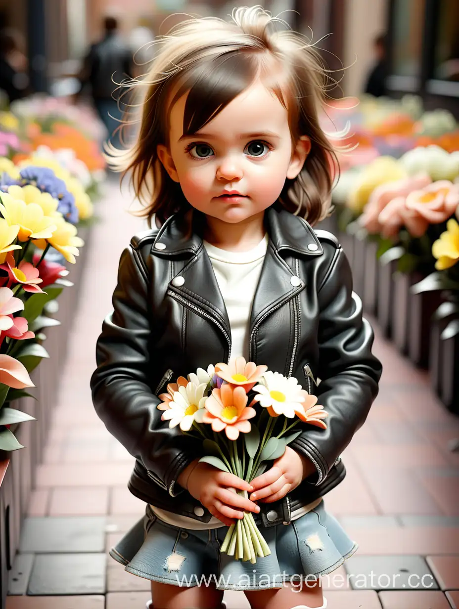 Младенец девочка в кожаной куртке,  с цветами в руках