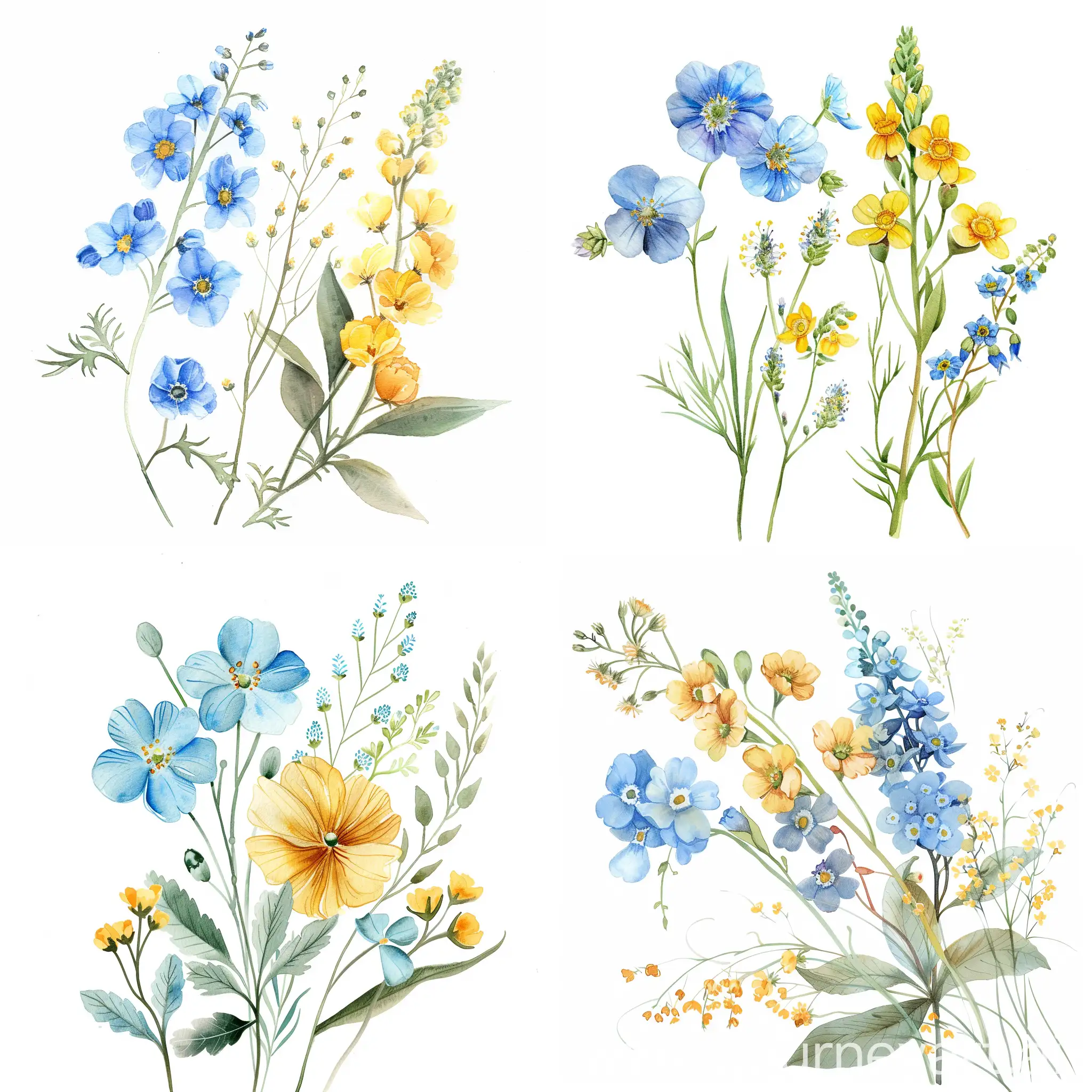watercolor wildflowers, forget me not and buttercup, on white background, soft handpainted, detailed, pretty