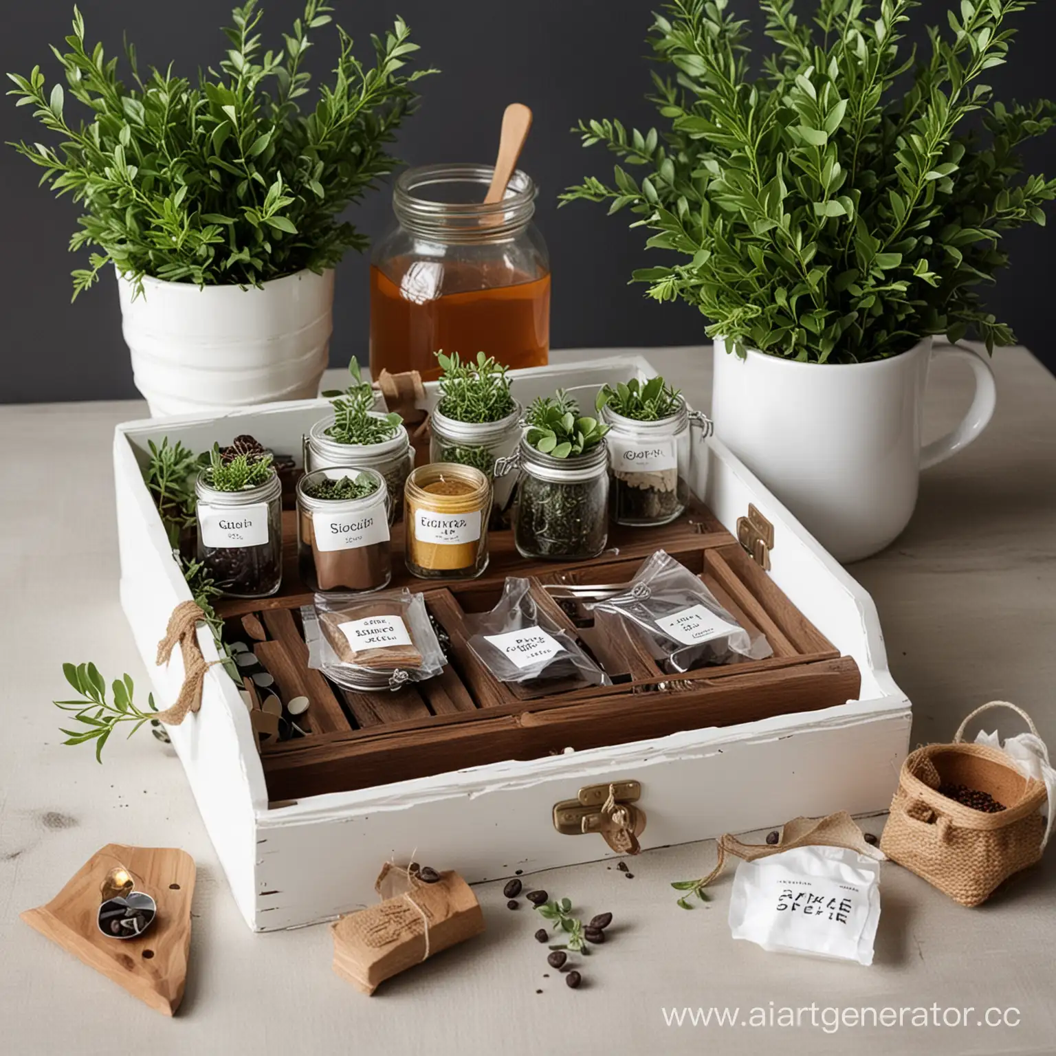 Rustic-Tea-Table-Setting-with-Organized-Accessories-and-Greenery