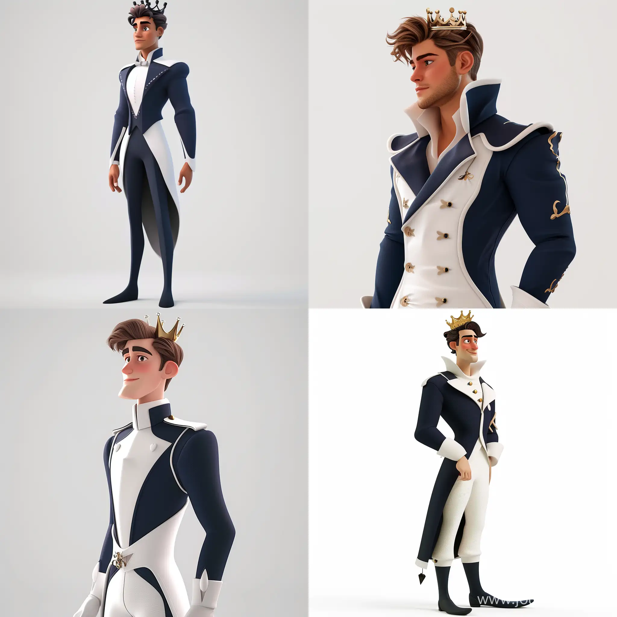 3d Cartoonic Character Design, Disney Studio Style: A Man Wearing Modern Clothes: Navy Blue & White Clothes Details, Crown on Head, Looking to the Left, Cinematic Pose, Full Body Shot,White Background, Vectorize, Blender Software, High Precision-- style raw