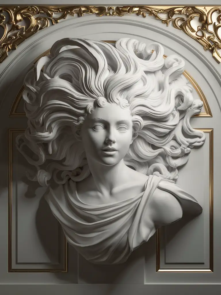 white basrelief sculpture of young woman with huge flowing hair around on the background on half height and gold elements