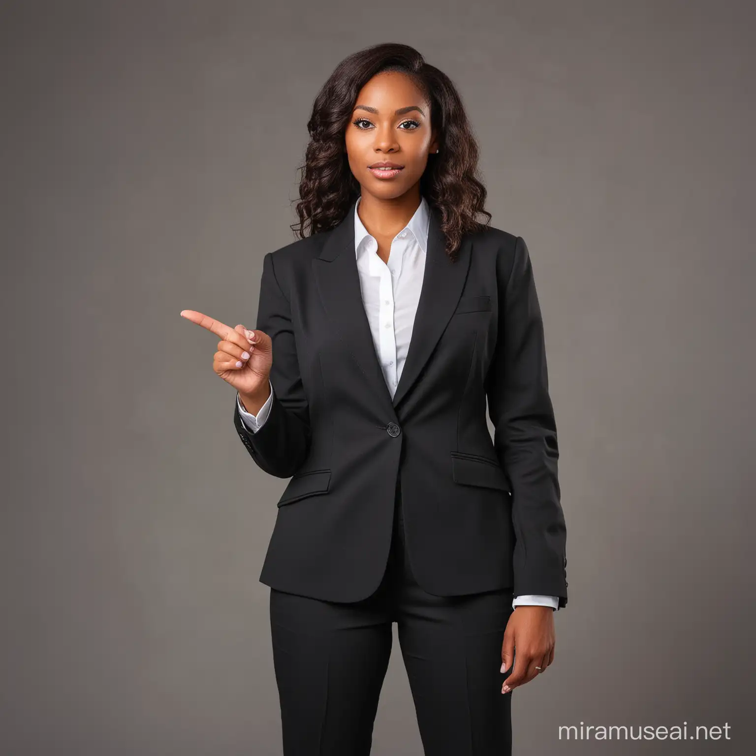 Black business woman wearing suit pointing