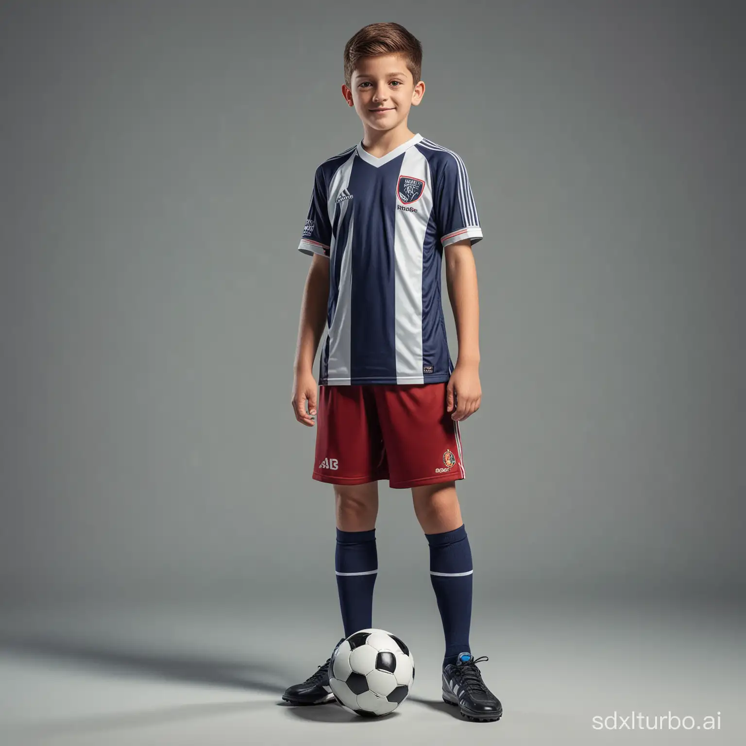 As a graphic designer expert, you can create an image of a boy wearing an 11-a-side football sports uniform in 5D that can be rotated 360 degrees.