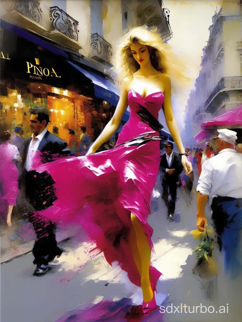 Stunning figurative painting, in the streets of Paris,by Pino Daeni, Chagal,  beautiful blonde, flowing long hair, full body, in high heels, wearing fuchsia clothing, beautifully blended heavy brushstrokes and spatulas, oil paint, Impasto accents, soft natural light, fantastic realistic masterpiece painting.