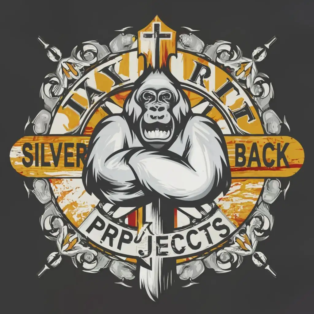 logo, silver back gorilla Christian cross protector, with the text "Silver Back Projects", typography, be used in Religious industry