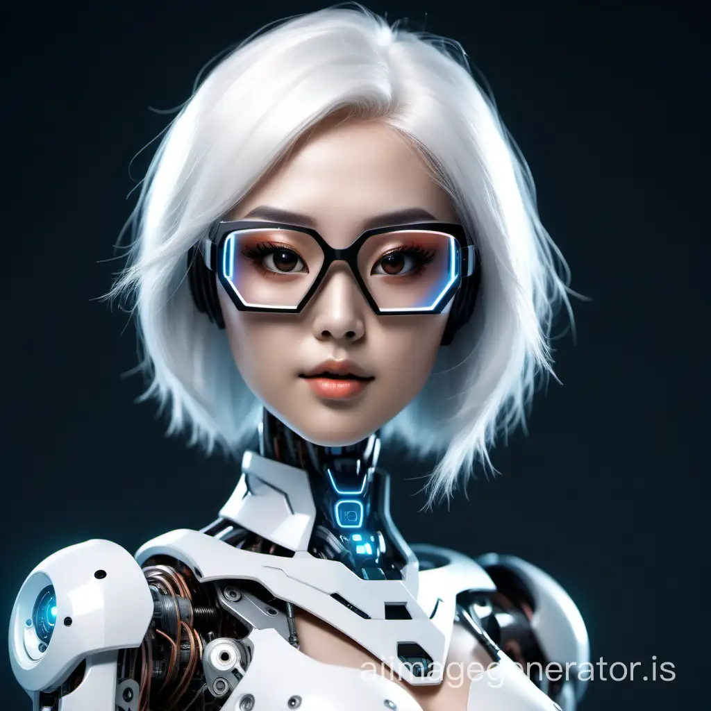 Asian Robot girl, online assistant, white hair. glasses. personifying artificial intelligence in the form of a logo. I want to put it as the logo of the online assistant in the system. with feminine features, sexy, 18-20 years old and as futuristic as possible. with human elements such as hair, etc. without a headset or headphones. foreground. background is transparent. Without a background, the face should be looking straight at me. Brunette. Big breasts. “Foxes” i.e. cunning, but human eyes and long eyelashes. Plump lips. At the bottom text “ASSISTANT” in a futuristic font.