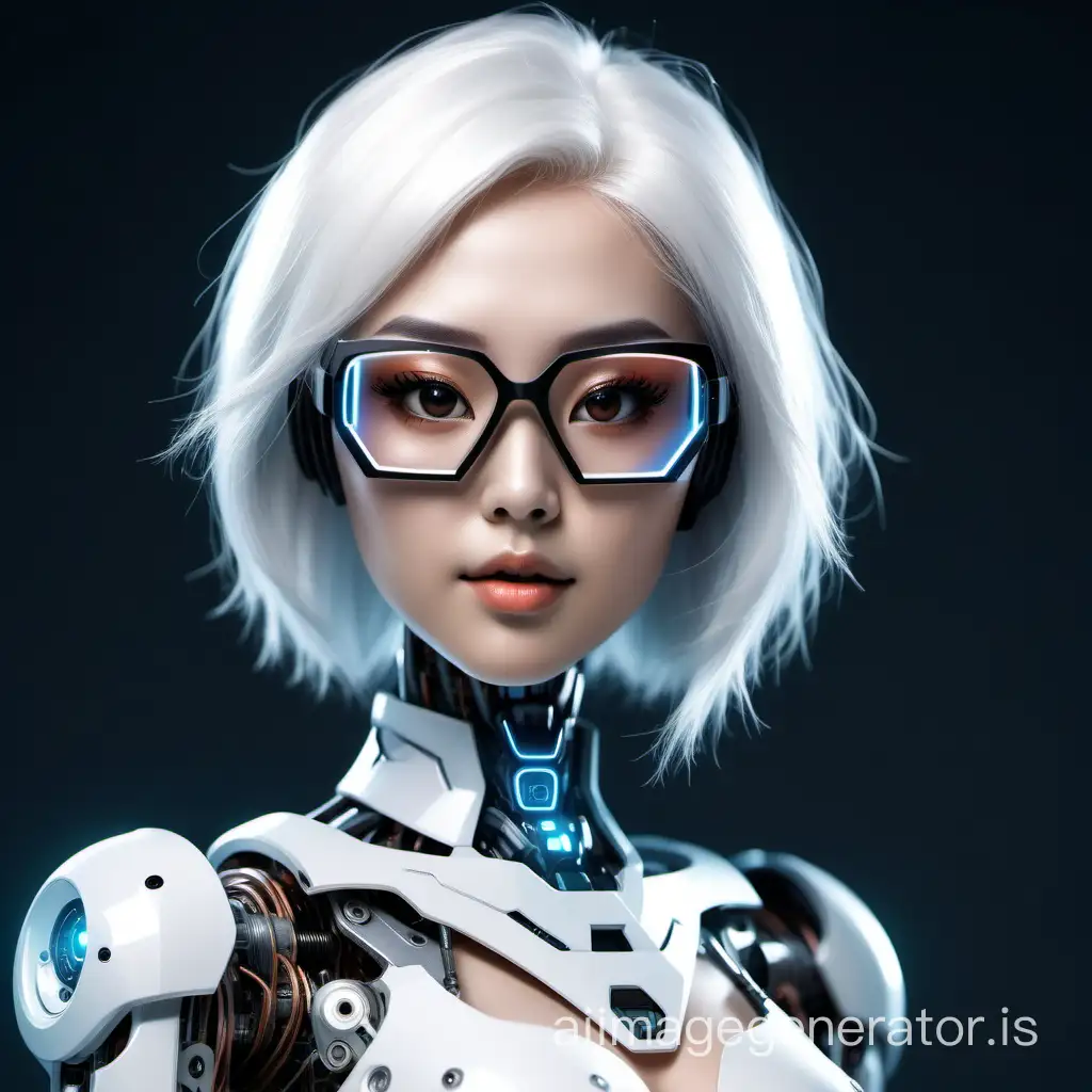 Asian Robot girl, online assistant, white hair. glasses. personifying artificial intelligence in the form of a logo. I want to put it as the logo of the online assistant in the system. with feminine features, sexy, 18-20 years old and as futuristic as possible. with human elements such as hair, etc. without a headset or headphones. foreground. background is transparent. Without a background, the face should be looking straight at me. Brunette. Big breasts. “Foxes” i.e. cunning, but human eyes and long eyelashes. Plump lips. At the bottom text “ASSISTANT” in a futuristic font. 