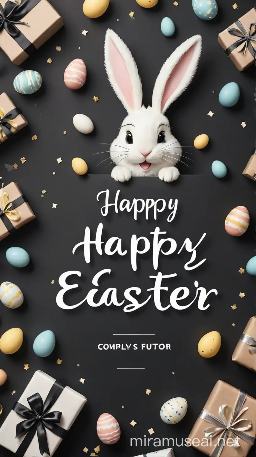 Happy Easter poster with text Happy Easter and images of gifts in shades of black 