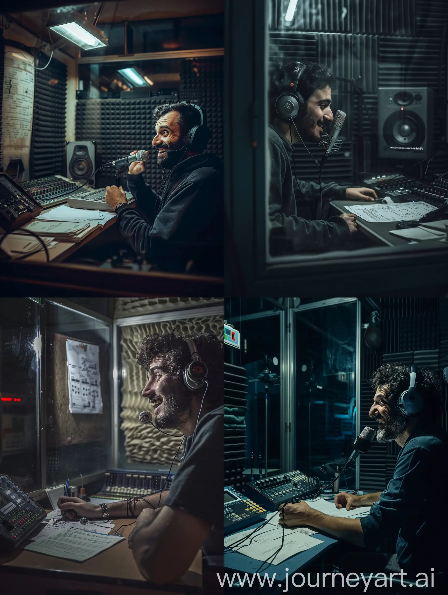 Profile close-up with dark atmosphere of 26 year old male Italian radio speaker speaking into microphone, in his small radio broadcast room. The room is very small and empty and the walls are covered in sound-absorbing material. The speaker has an amused face, is wearing a pair of headphones and has his arms resting on the table. Next to him there are some sheets of notes and a small audio mixer. In front of him there is a large glass window that divides the room from the control room. The speaker has an amused face and looks sideways towards the camera. The photo is in color