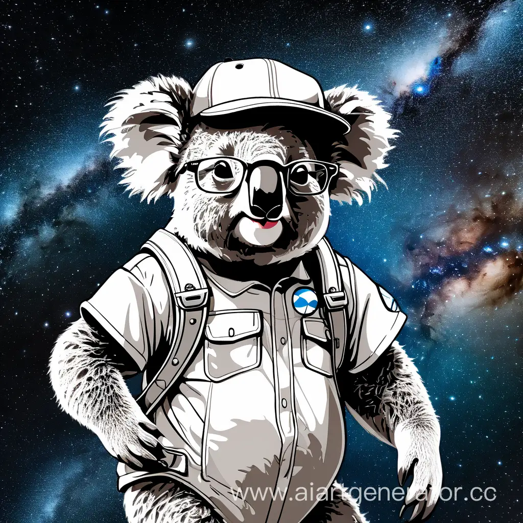 коала , идёт по галактике млечный путь, в кепке и в очках