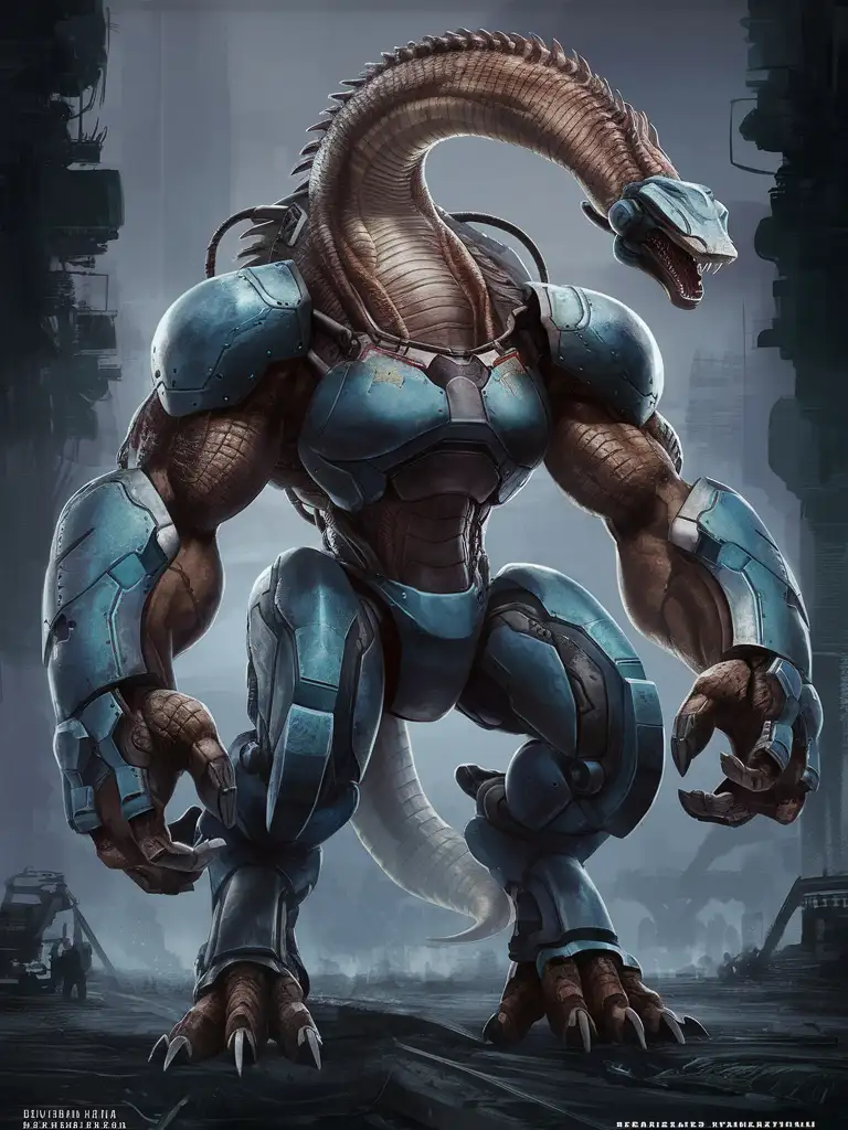bulky hypermuscular anthropomorphic reptilian android, monster mecha, fully robotic, thick long serpentine neck, powerful thick arms, steelblue chassis, solid wide visor replaces eyes, dystopian post-apocalyptic post-cyberpunk, metal gear solid style, videogame animation character concept reference sheet