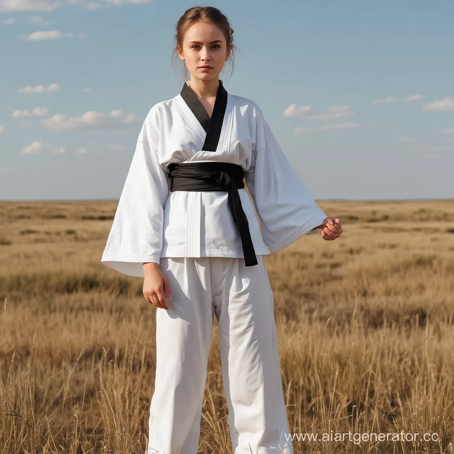 Russian-Girl-in-Traditional-Taekwondo-Kimono-Amidst-Steppe-Landscape