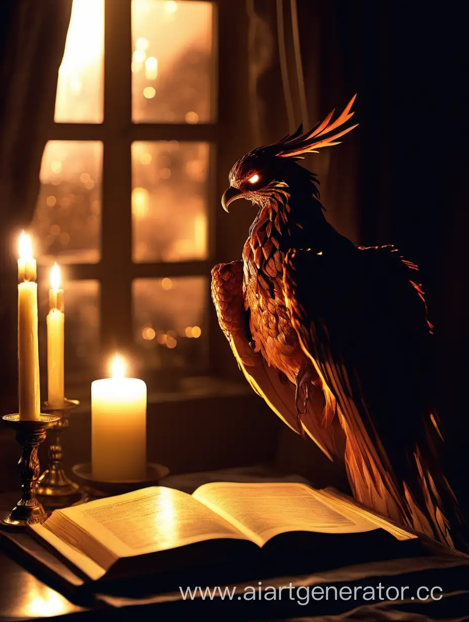 Phoenix is sitting on a table with a book by candlelight by the window at night