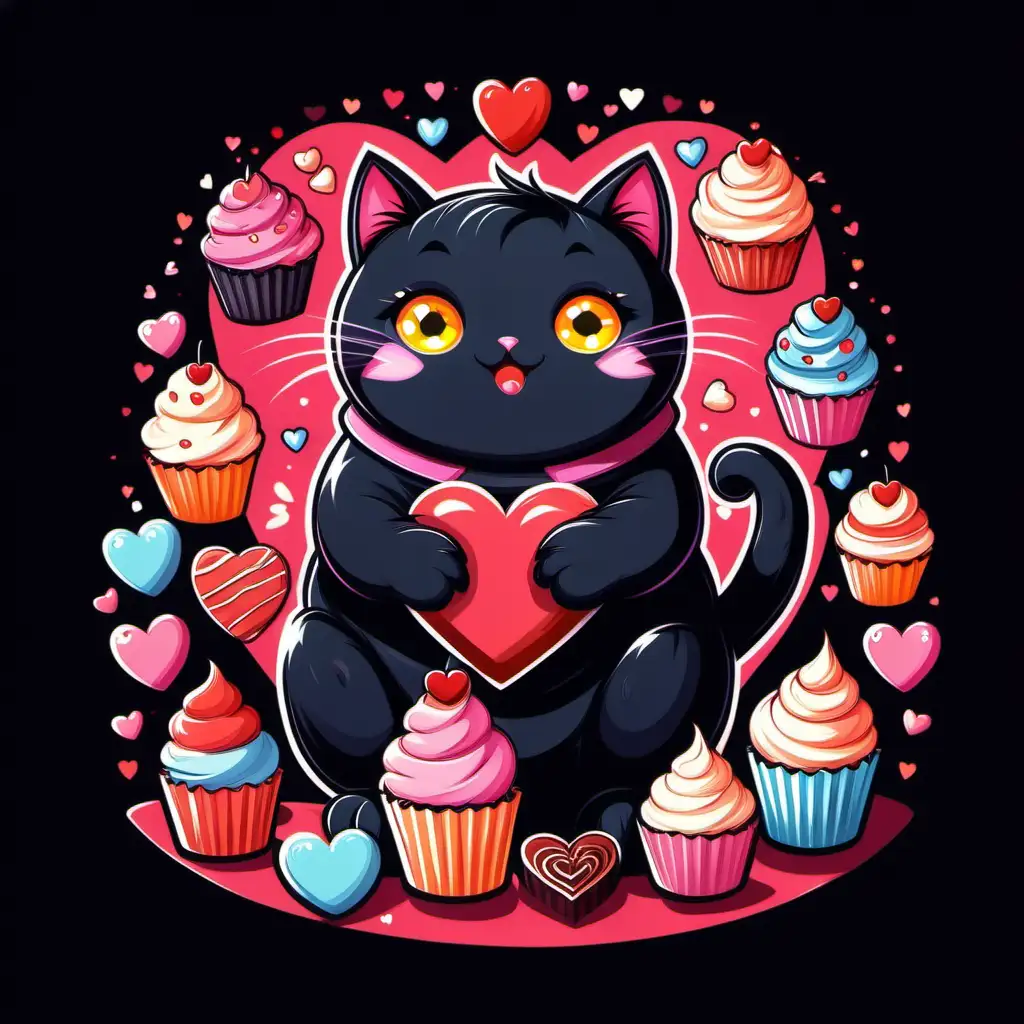  a chubby cartoon black cat surrounded by sweet treats like cupcakes and candies, radiating Valentine's sweetness.", T-shirt design graphic, 
vector, contour, flat black background