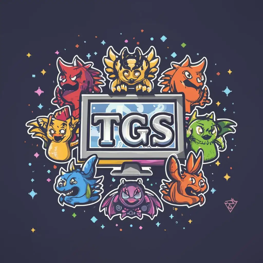 a logo design,with the text "TGS", fancy letters, cool letters, main symbol:computer screen, dragons, sun rays, stars, community, video games, guild, D&D, voxel, 3D graphics, fantasy roleplaying, open book, sharp edges, swords, shields, adventure, open world, friends,complex,be used in video game industry,sun rays stary background