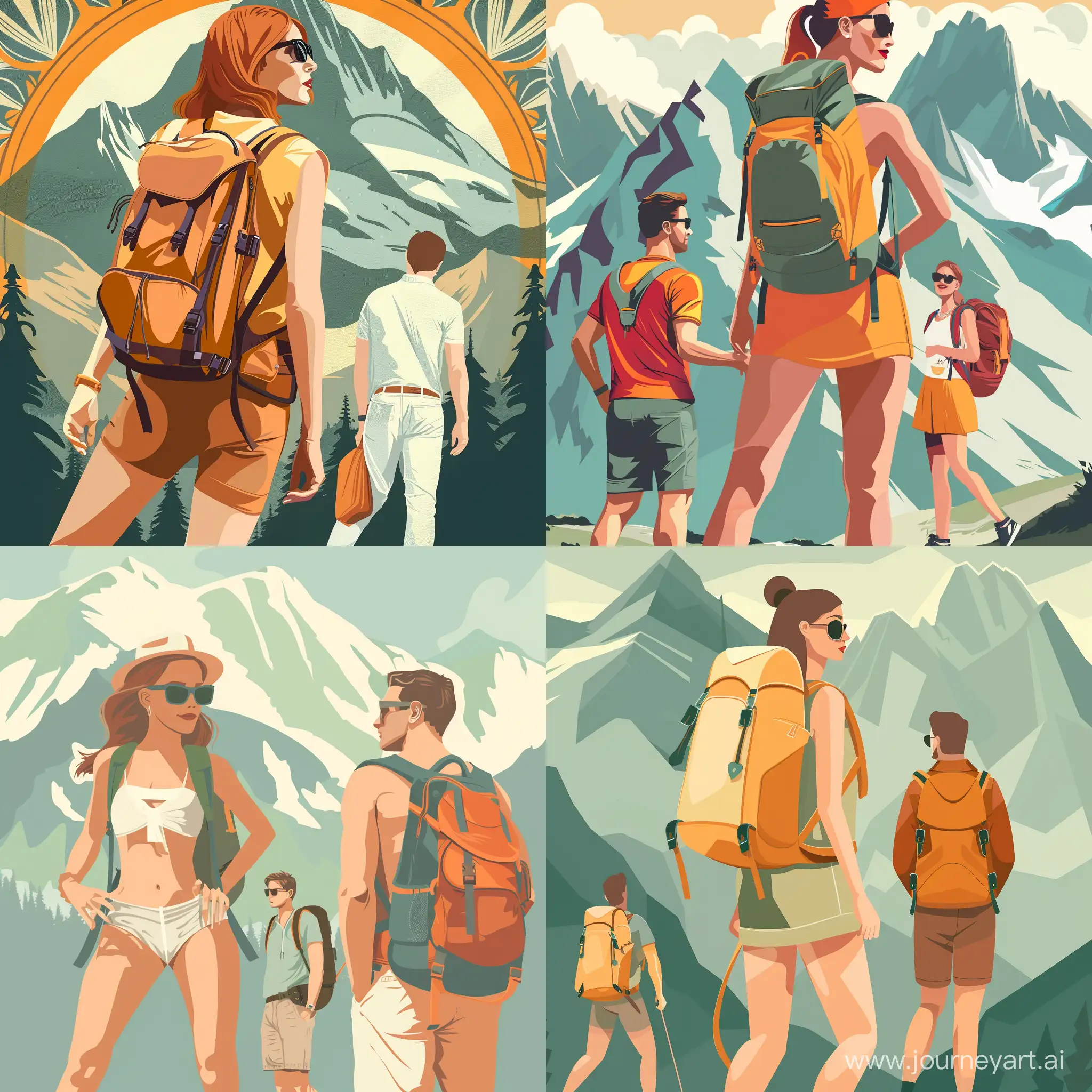Stylish-Summer-Hiking-Couple-with-Mountain-Backdrop