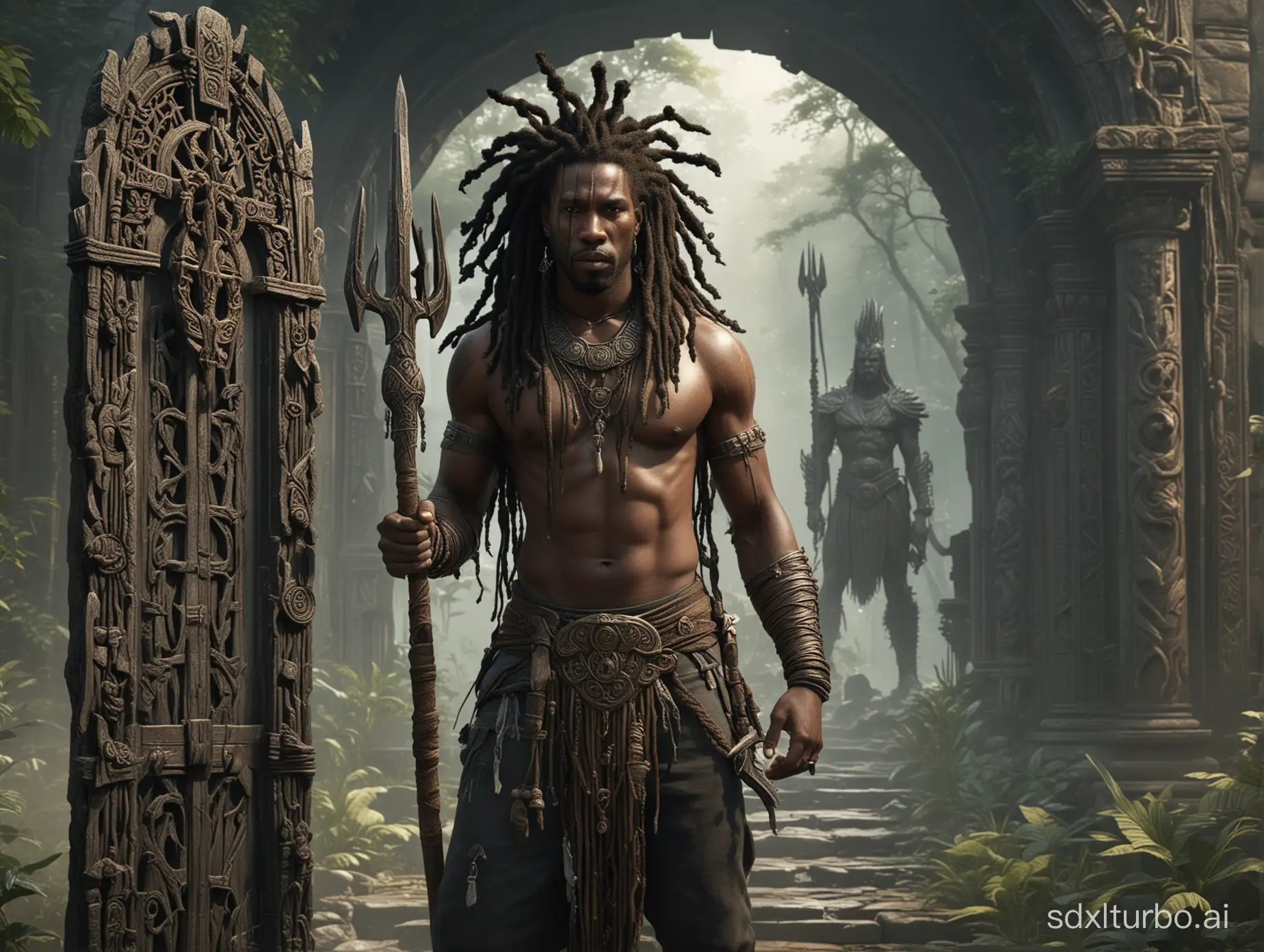 The high-resolution, detailed image shows a black man with dreadlocks, standing at the entrance to a mystical portal and holding a trident in his hands. He presents the imposing appearance of a warrior and is wearing a headdress and appears to be the main focus of the scene. In the background, there are several enchanted beings, giving more depth to the image.