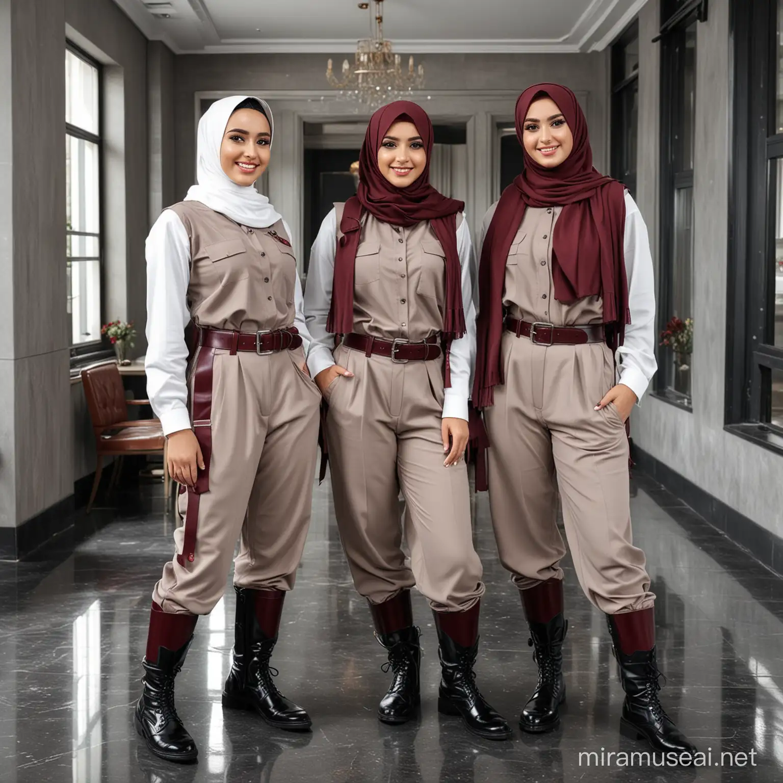 A realistic photo of three hijab-wearing models, pretty girls smiling in PDH uniforms with maroon belts, long pants, black boots, happily posing in a magnificent office room with a reflective floor