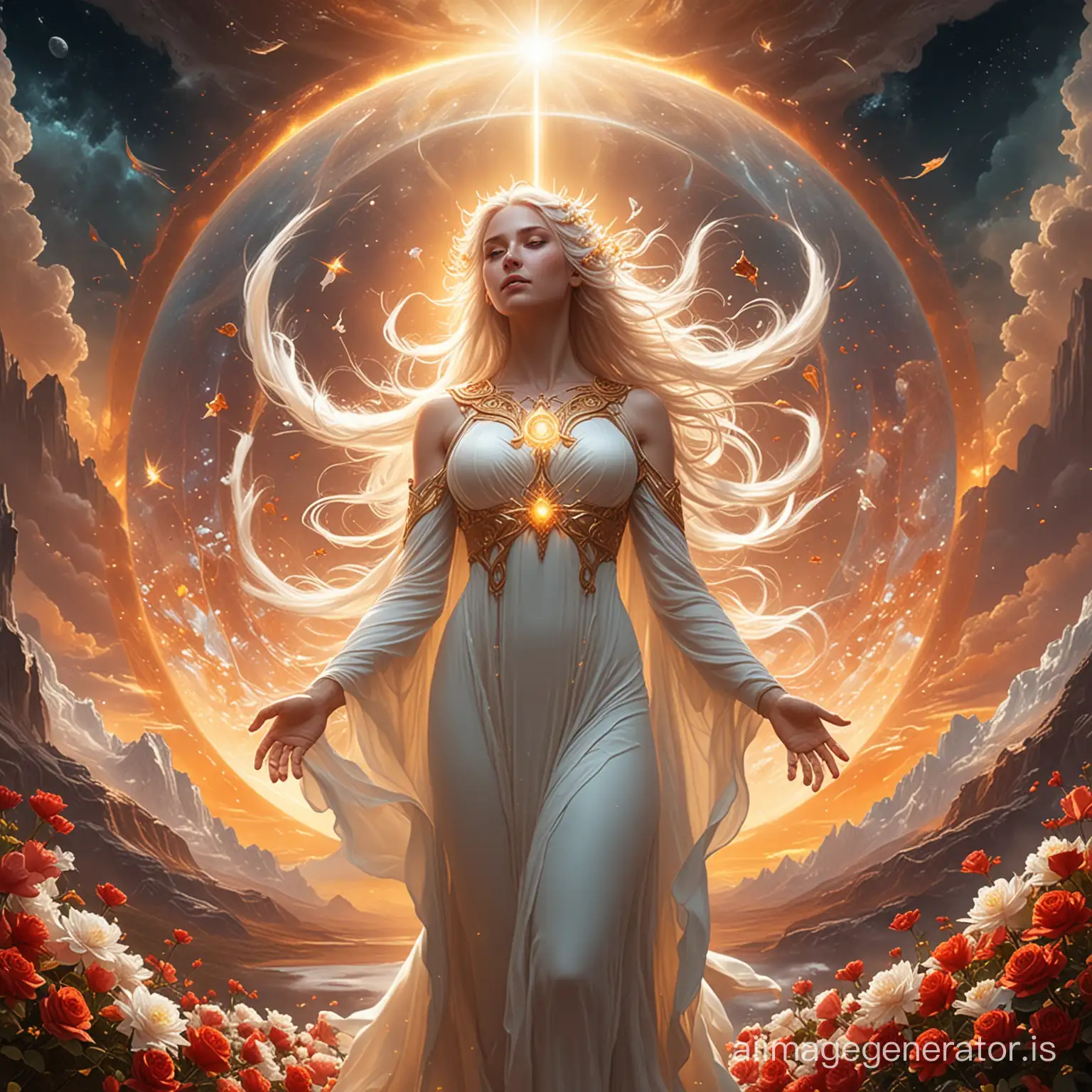 

Create an awe-inspiring digital painting of a mythical divine goddess in the style of j.r.r tolkien. Tolkien's universe, high fantasy art, inspired by epic fantasy art, hovering over the Earth from outer space. The goddess, far larger than the planet itself. She radiates a pure white glow, shining brightly like the sun, with her eyes glowing like the sun as well. The goddess is surrounded by roses, concealing her naked ethereal form. The flowers should be diverse in type and color, adding intricate details to the composition. The composition should convey a sense of awe and divine power, emphasizing the contrast between the goddess's immense size and the Earth. The artwork should be rendered in ultra-high 8k resolution to capture the luminescent essence of this radiant world.
