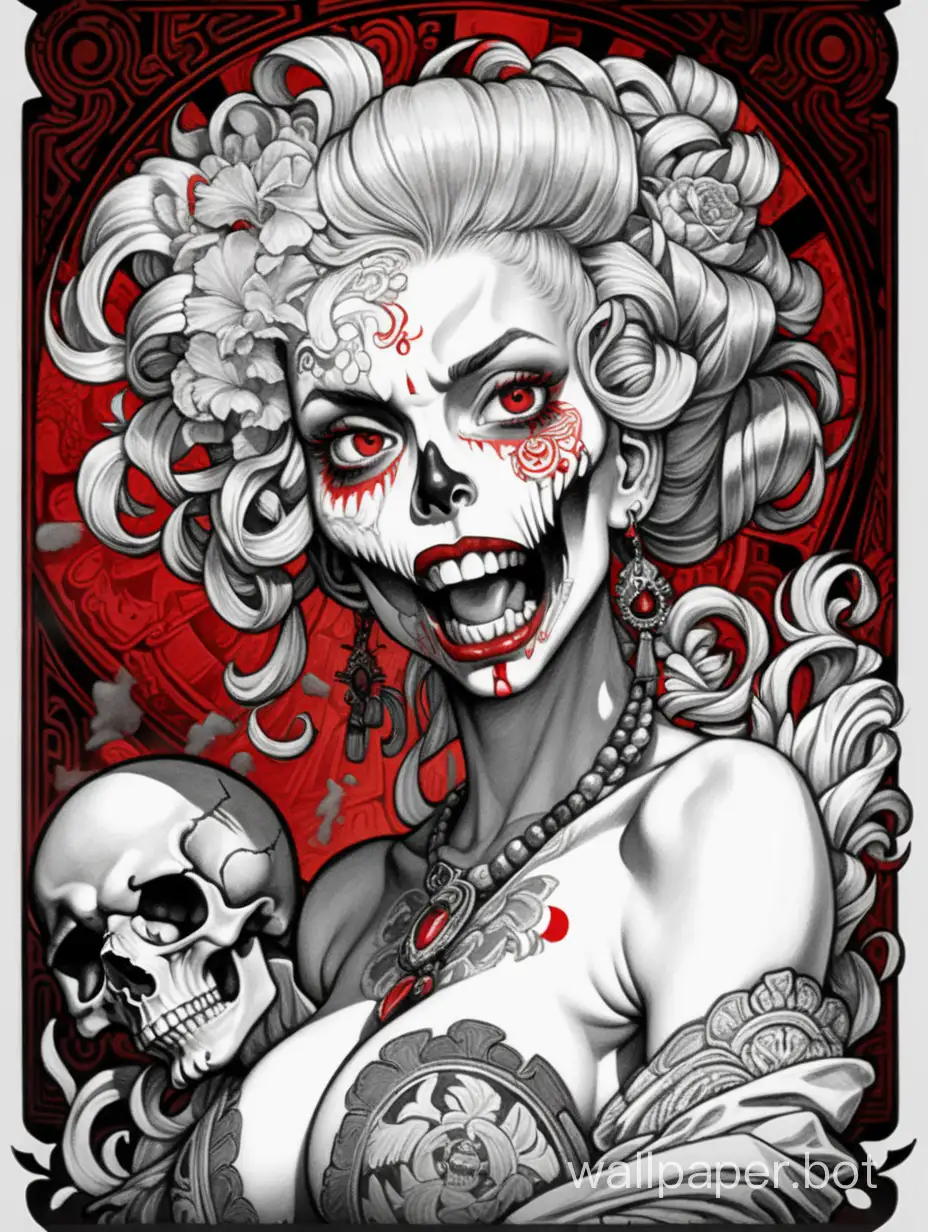 skull venus odalisque, front head , sexy crazy face, open mouth with tongue, chaos ornamental, explosive hair, darkness, assimetrical, chinese poster, torn poster edge, alphonse mucha hiperdetailed, highcontrast, black white dark red gray, explosive dripping  colors, sticker art