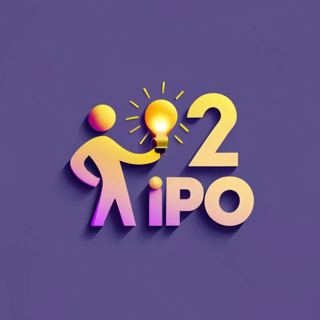 3d logo, golden color with purple background, a happy man like symbol R & D holding a sparkling fire or a shining lamp with meaning of enlightening others, with the text "rd2ipo", typography, be used in Technology industry