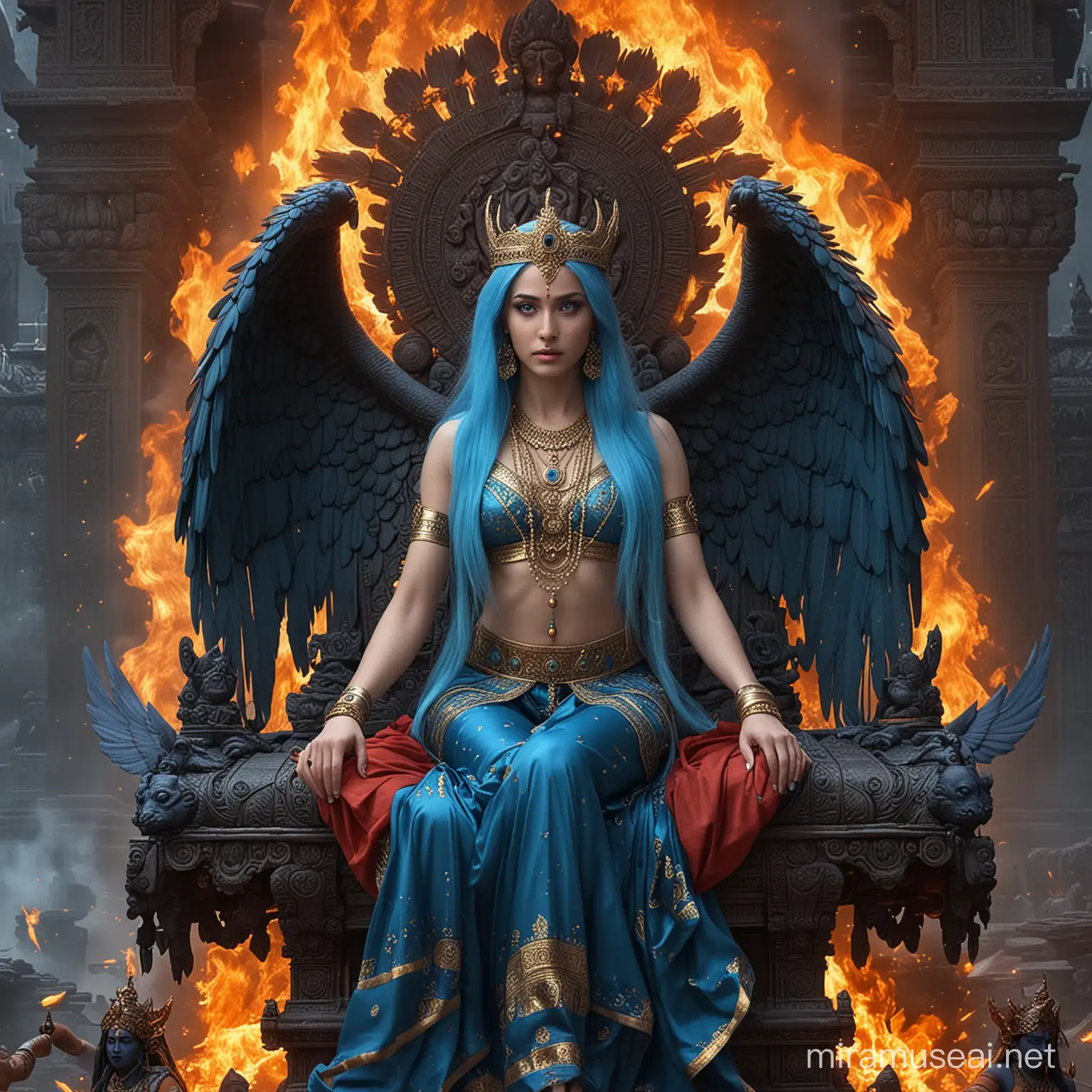 Majestic Hindu Empress Surrounded by Divine and Demonic Power