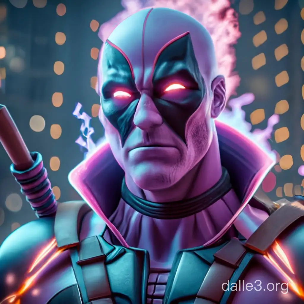 God of destruction Deadpool, glowing purple eyes, menacing, scary, demonic, desolate atmosphere, dark, gritty, power, evil, performing a hakai blast, tense neon purple aura, ultra realistic, 8k render, high resolution, extremely detailed,