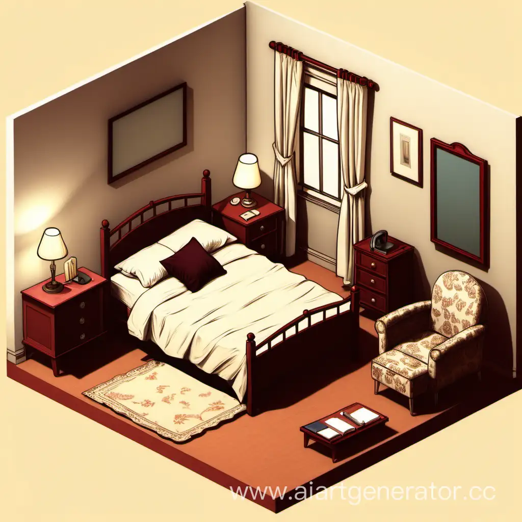 Нарисуй комнату, где есть кровать, стол, телефон, тампа и кресло