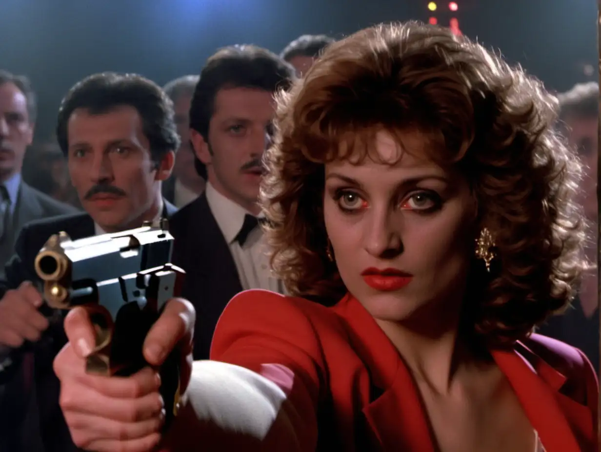 footage from 1980s crime drama, dance floor scene, woman with a gun, close up