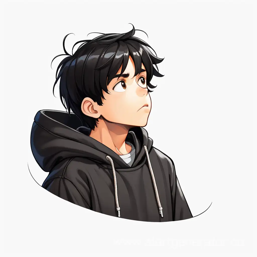 a tired black-haired boy in a black hoodie is looking up, white background