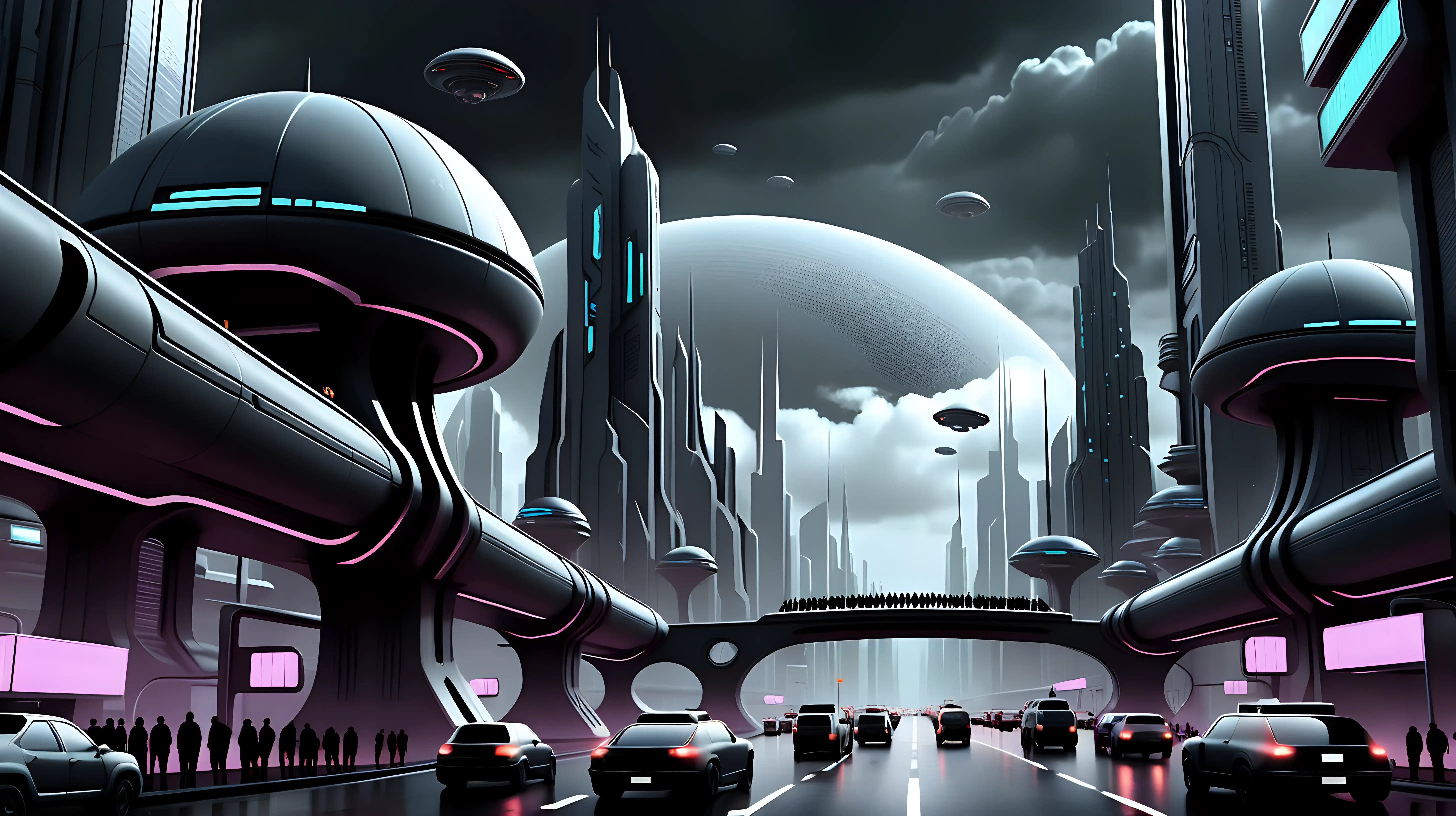 Futuristic city, sci-fi, dark theme, traffic in sky