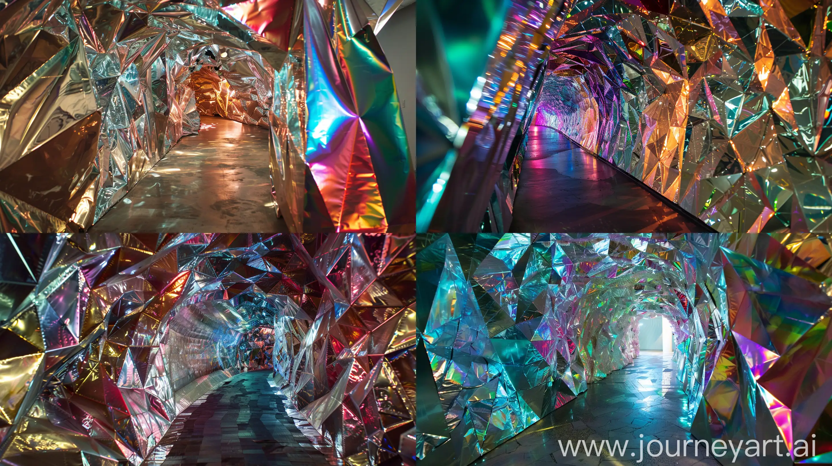 a experience thru a tunnel with layering of reflective foil pieces, --q 5 --ar 16:9