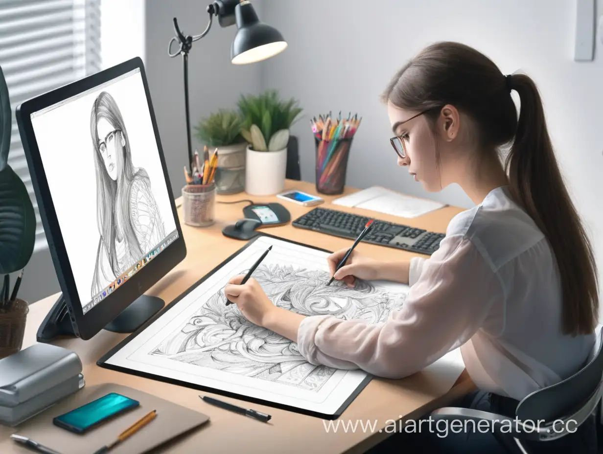 работник, художник иллюстратор, девушка, рисует на графическом планшетом за рабочим столом в офисе