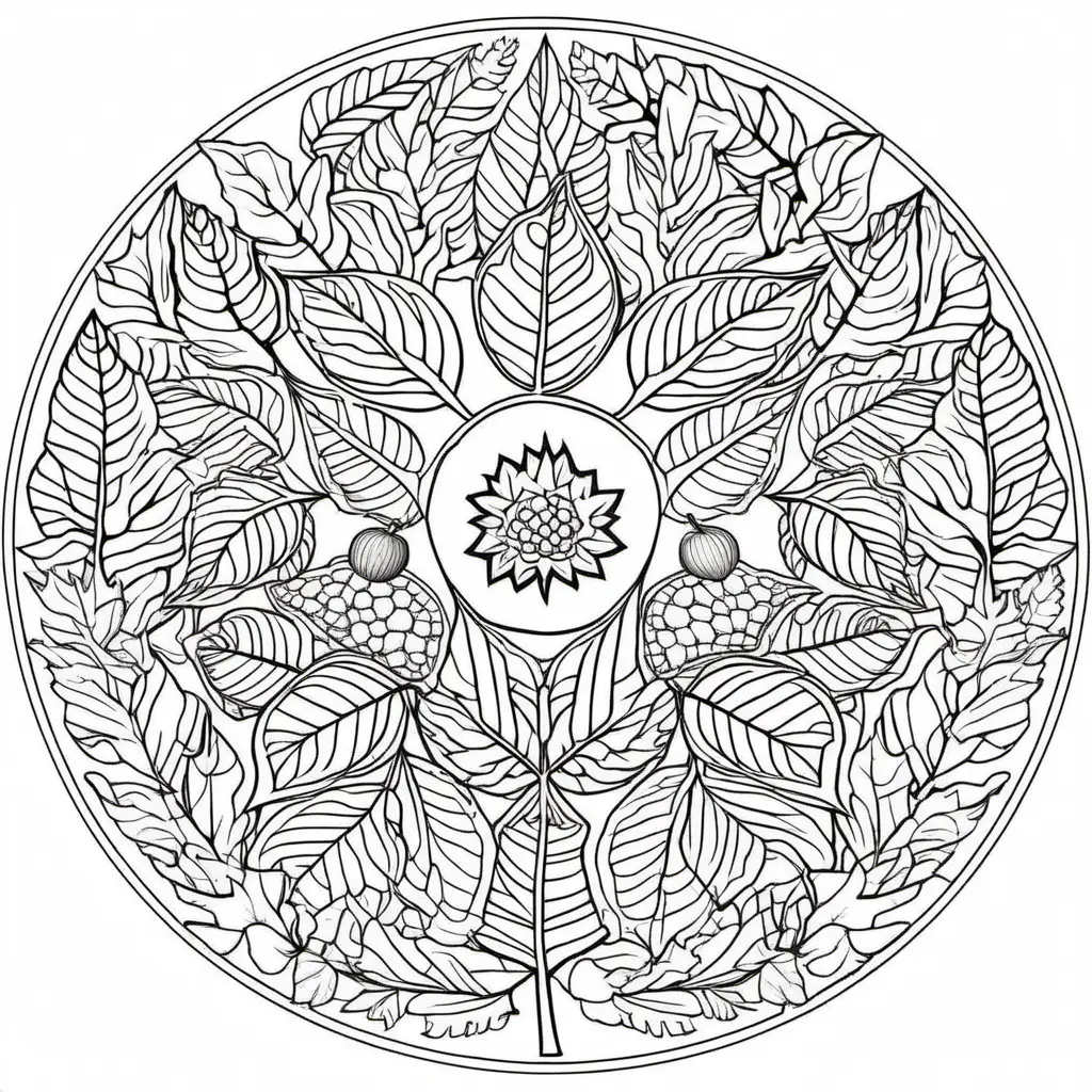Autumn Leaves Mandala: A mandala featuring various autumn leaves, acorns, and fall colors for coloring book with crisp lines and white background