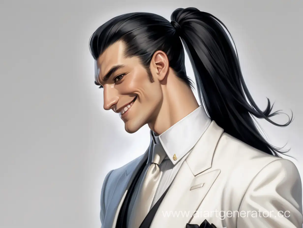 Хитрый худой молодой мужчина с длинными черными волосами, затянутыми в тугой хвост, ехидной улыбкой в белом костюме