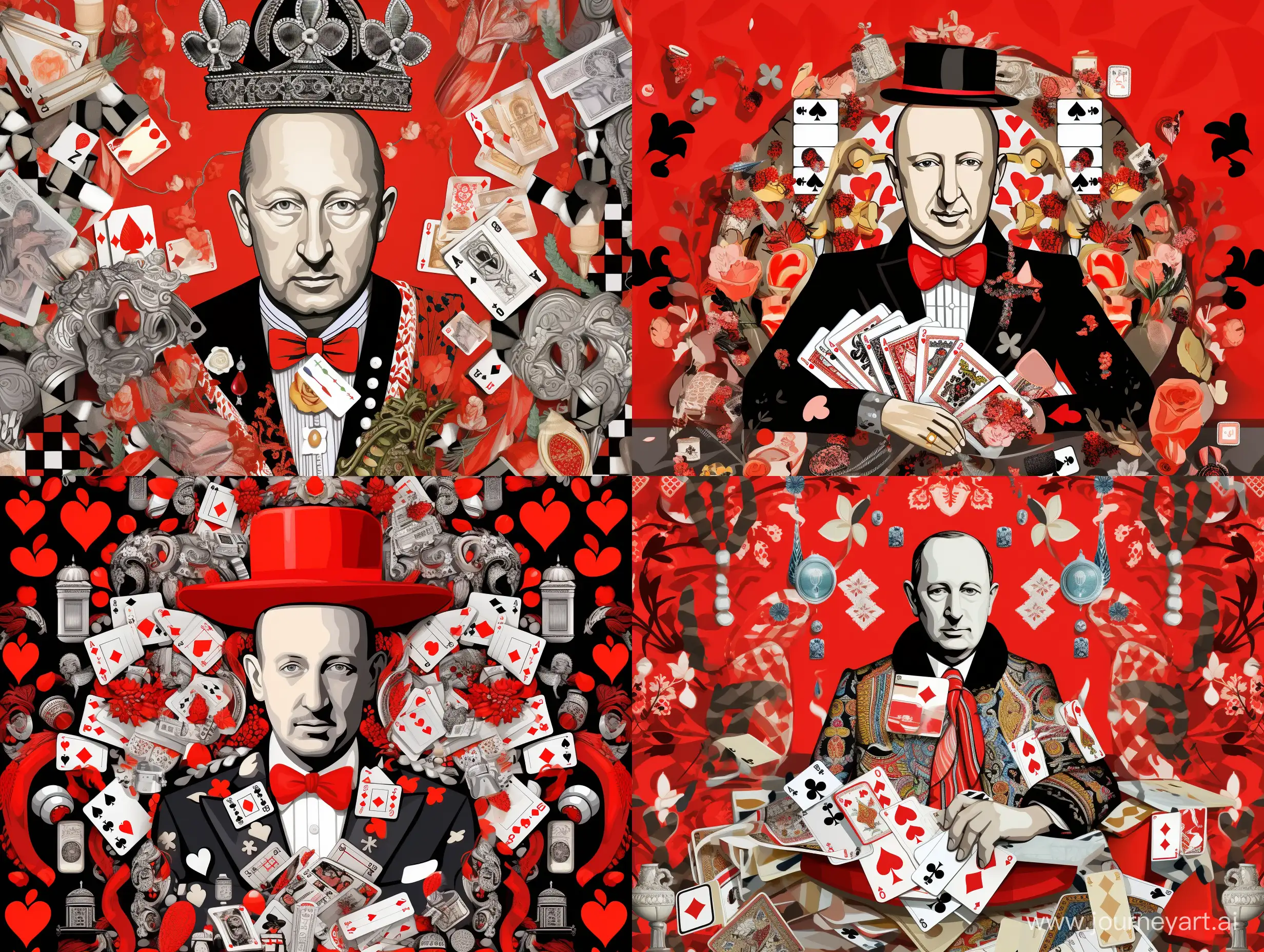 Portrait of Christian Dior, with accessories from Dior, with a small crown on his head, many details, complicated, on the background of a pattern of clubs, colors black, white, red, gray, caricature, pop art style, fashion illustration style